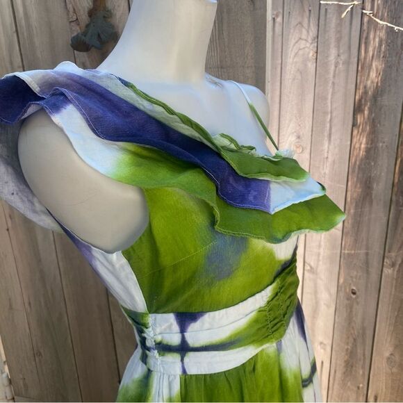 Busayo One Shoulder Ruffle Tie Dye Maxi Purple White and Green Dress - 0 - Picture 7 of 12